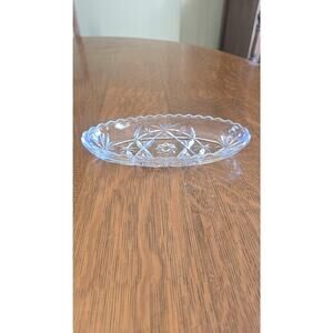 Vintage Unmarked Clear Pressed Glass Butter Dish Oval Floral 7.5" Scalloped